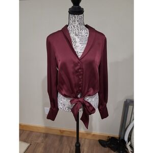 Top Shop button up Front tie Satin blouse Wine office work chic Women SZ 6